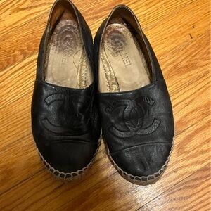CHANEL Black Leather Espadrilles